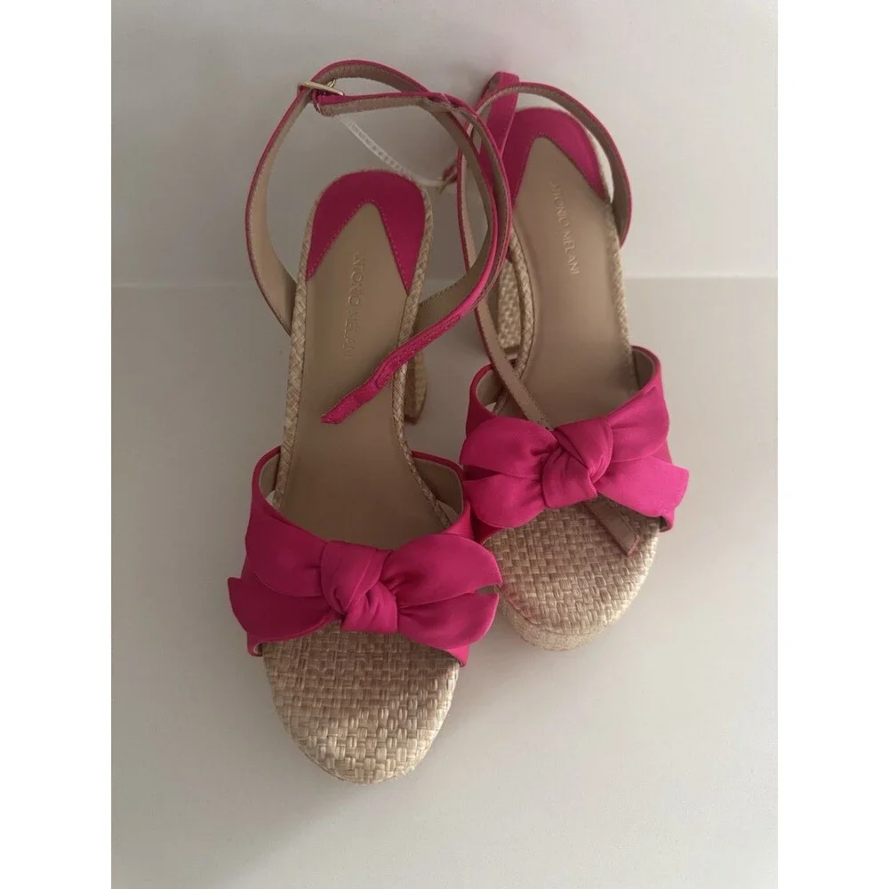 Antonio Melani Bindi Satin Bow Raffia Platform Sandal Hot Pink heel Size 8M NEW